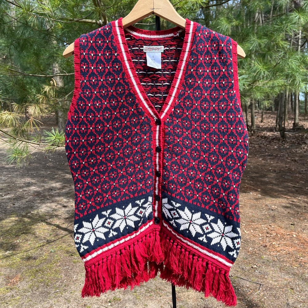 90s Esprit Knit Fringe Vest Fair Isle Size S Boho Western